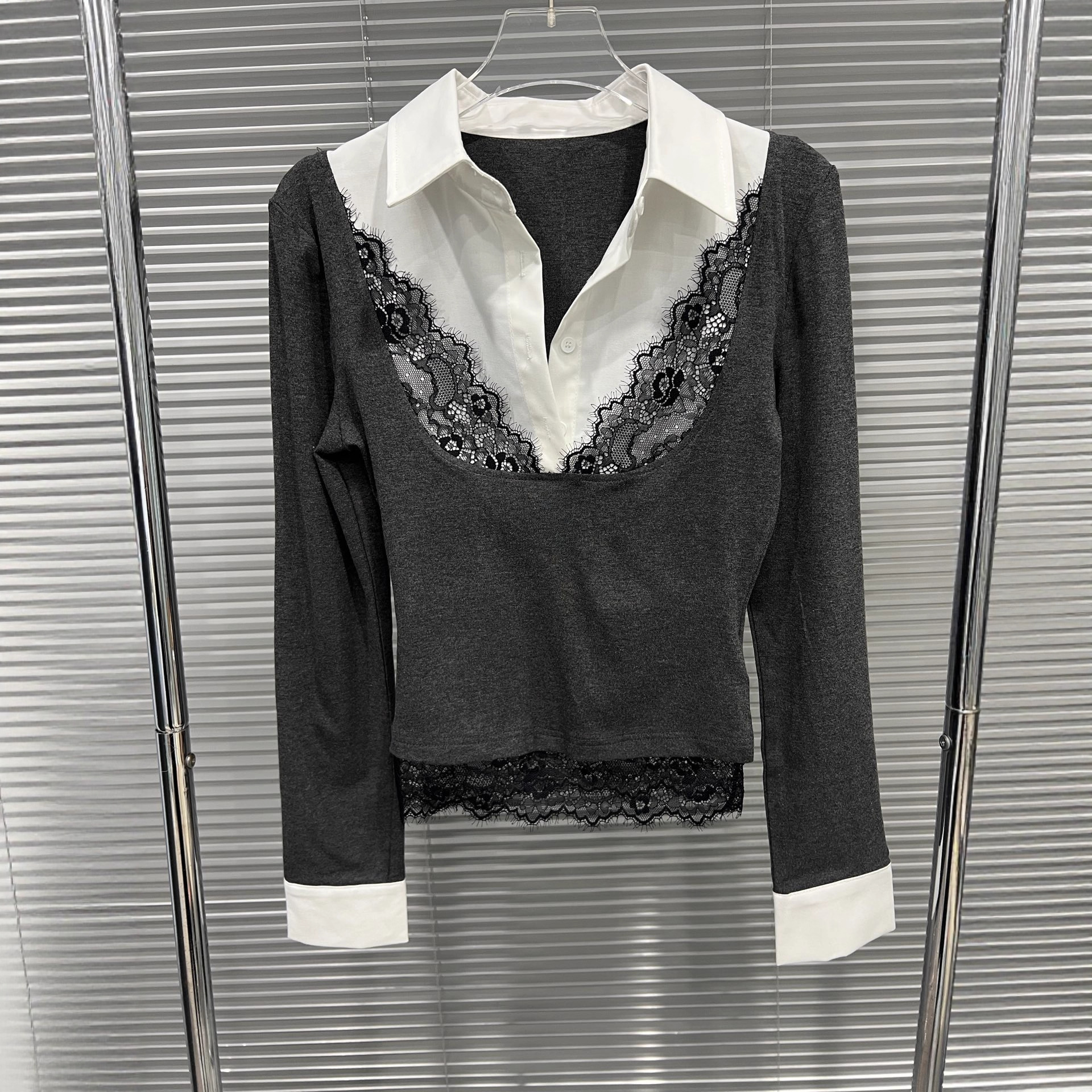 Fake two lace patchwork polo collar long sleeves - Image 2