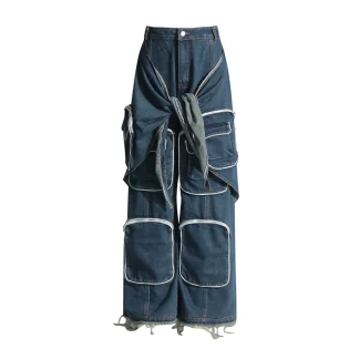 Structural binding workwear jeans for women loose fitting multi pocket jeans