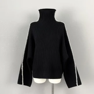 Autumn Winter Luxury Fashion Women Black 100% Wool Loose Casual Sweater Jumpers for Female