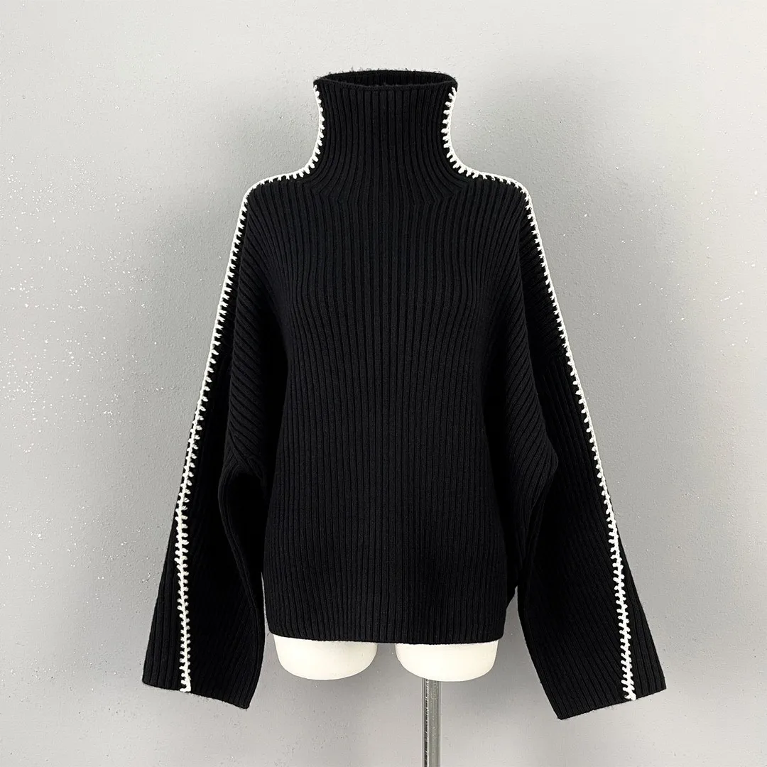 Autumn Winter Luxury Fashion Women Black 100% Wool Loose Casual Sweater Jumpers for Female
