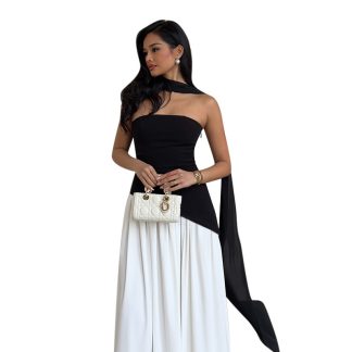 Slimming and slimming color blocked strapless dress