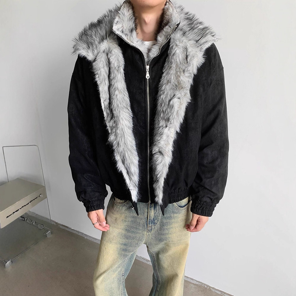 Wolf King Seat Mountain Eagle Cotton Coat Men's Winter Style False Two-Piece Double-Layer Fur Collar Cotton Jacket Lined Thick Short Outerwear - Image 2