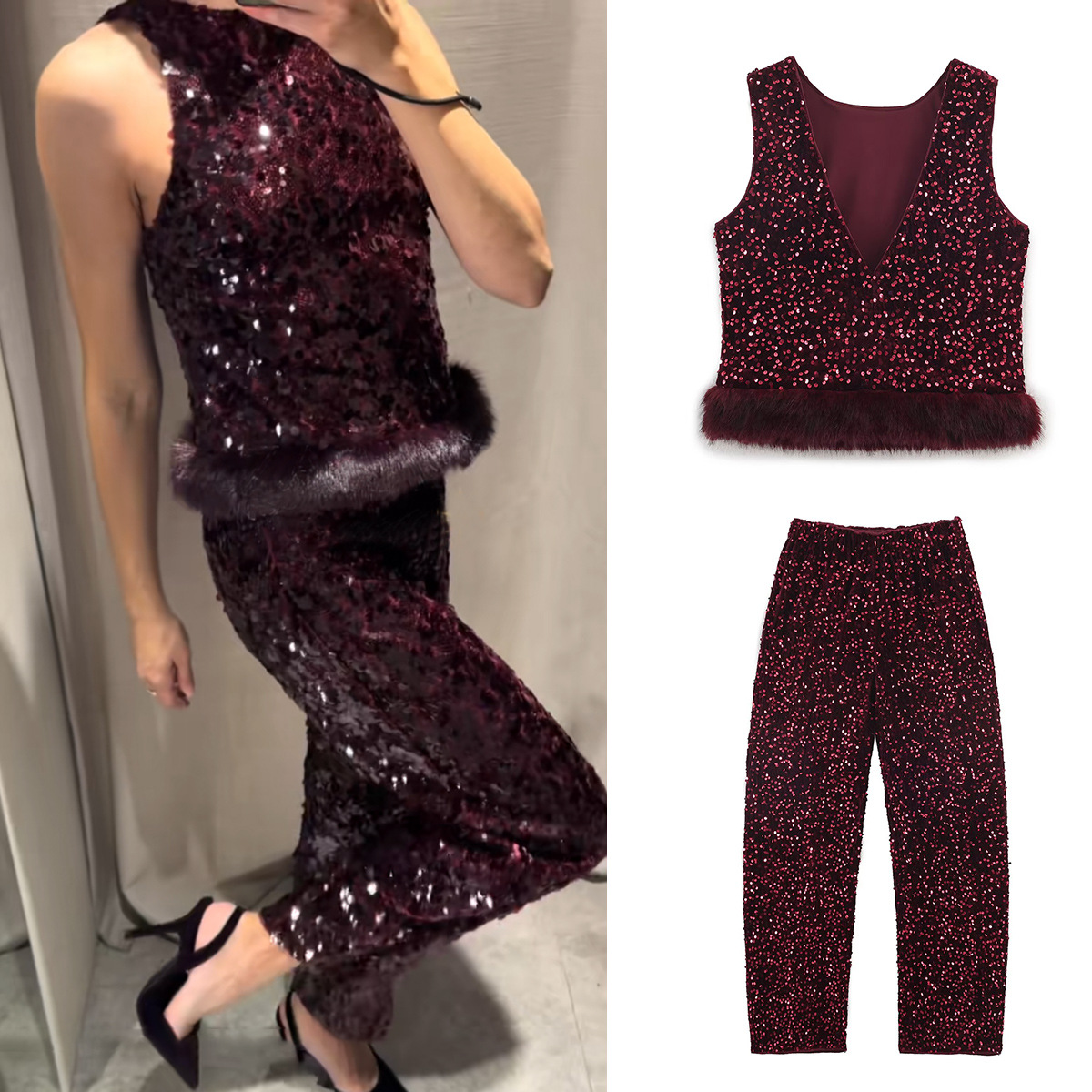 Bead embellished sleeveless faux fur effect hem top Bead embellished bucket pants set - Image 2