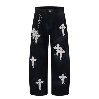 Street Style Luxury Cross Patch Embroidery Color Splatter Hand-painted Straight Leg Hip-hop Loose Jeans