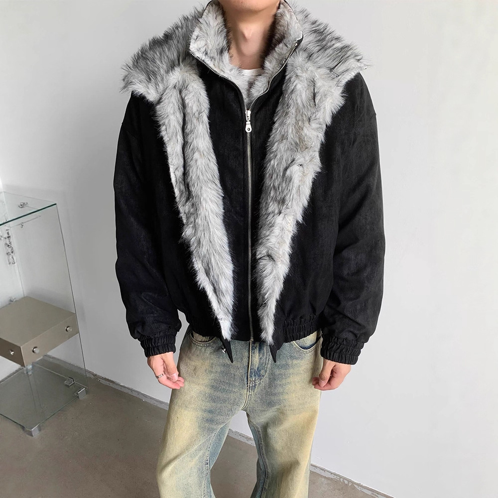 Wolf King Seat Mountain Eagle Cotton Coat Men's Winter Style False Two-Piece Double-Layer Fur Collar Cotton Jacket Lined Thick Short Outerwear - Image 6