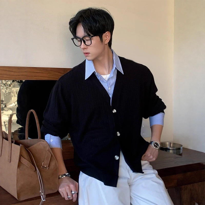 Miu-style False Two-Piece Knit Cardigan for Men Winter Elegant Casual and Commute Sweater Shirt Jacket - Image 2