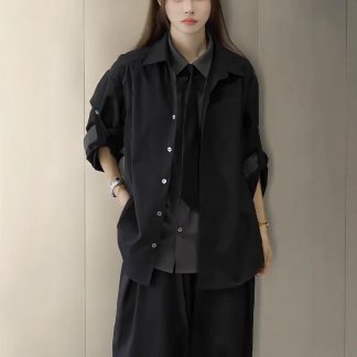 Faux Two-Piece Black Shirt Jacket Unisex Autumn New Style Unique High-End Shirt with Tie Suit Top