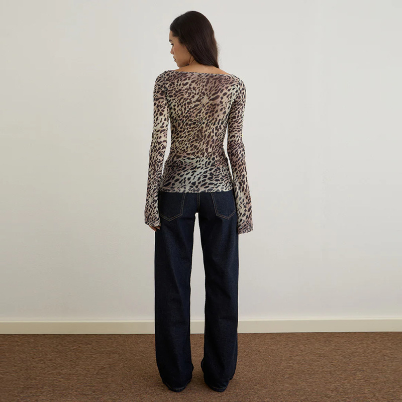 Sexy leopard print mesh slim fit versatile long sleeved top - Image 5