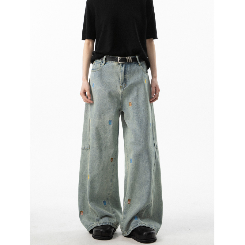 Cartoon teddy bear embroidered jeans - Image 4