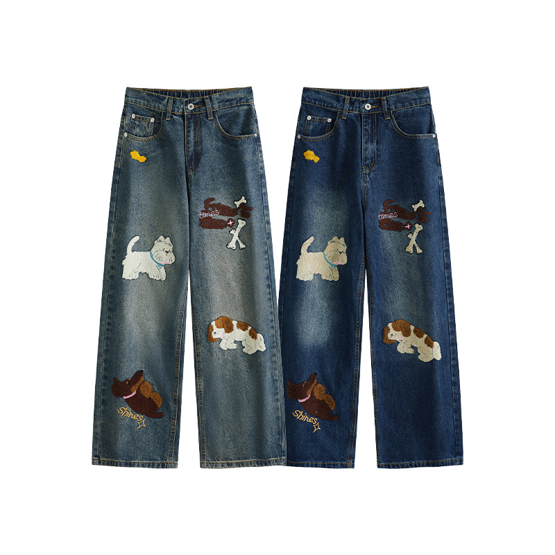 Puppy patchwork embroidered washed denim jeans - Image 5