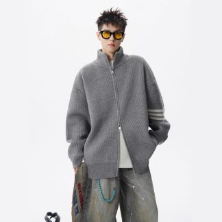 Style Stand Collar Open Front Knit Sweater Men's Winter Fashion Trendy Stripe Knitted Cardigan High Street Casual Loose Fit Couple Outerwear