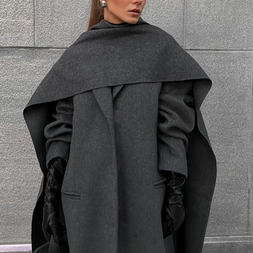 Scarf colla coat cloak long vintage coat gray fashion jacket - Image 3
