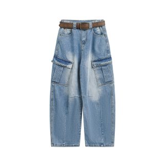 Multi-Pocket Loose Straight Leg Wide Leg Washed Cargo Denim Pants