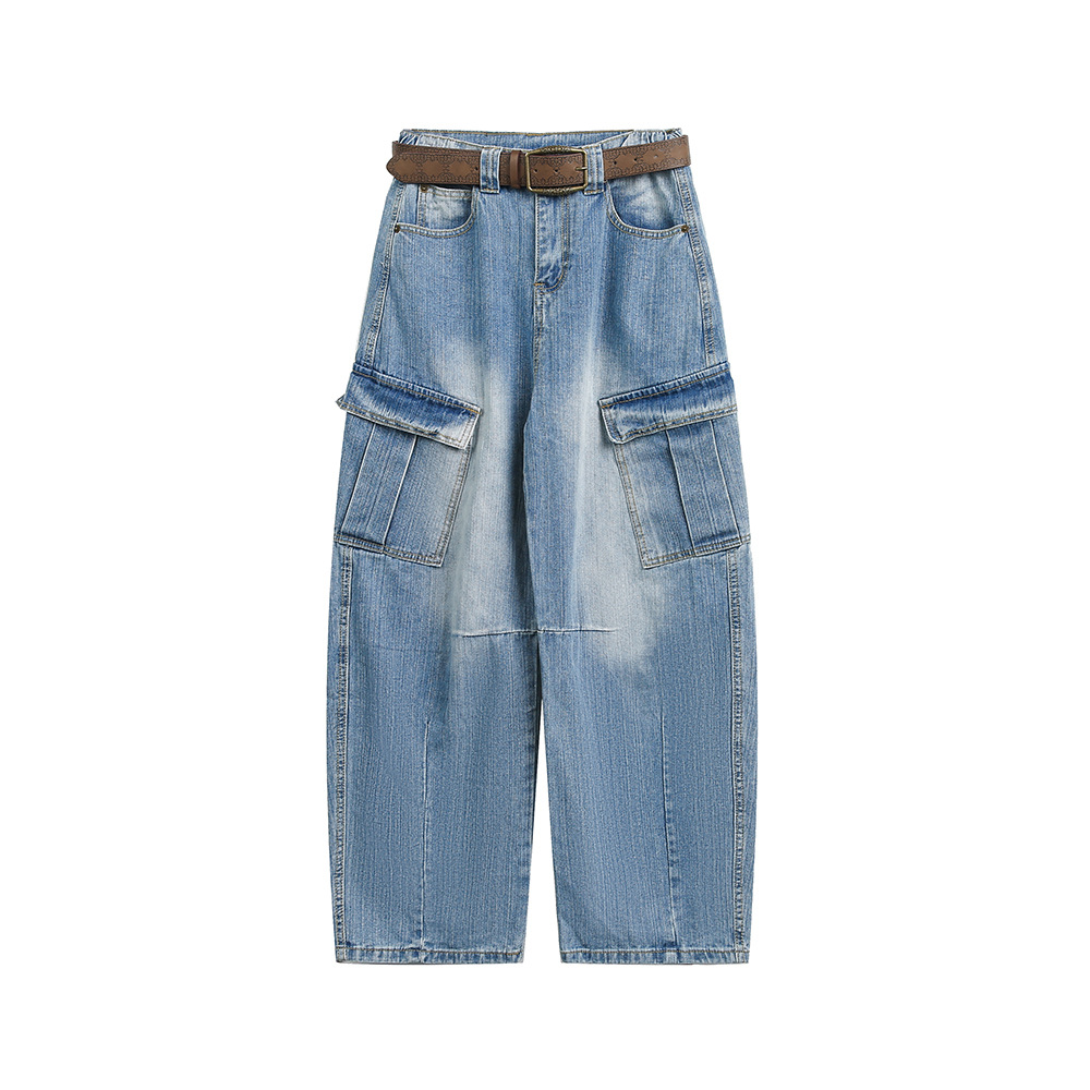 Multi-Pocket Loose Straight Leg Wide Leg Washed Cargo Denim Pants