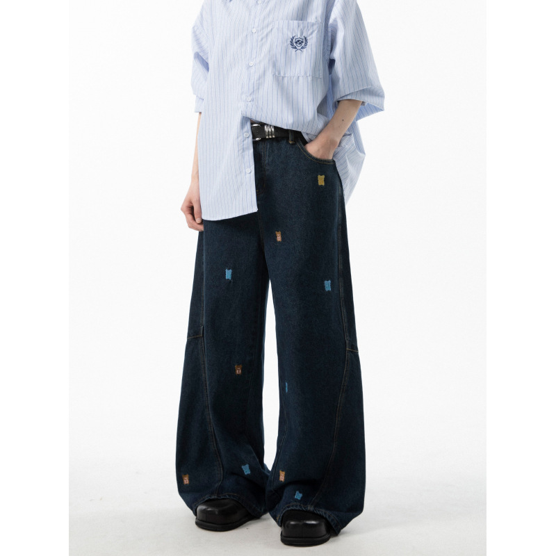 Cartoon teddy bear embroidered jeans - Image 3