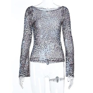 Sexy leopard print mesh slim fit versatile long sleeved top