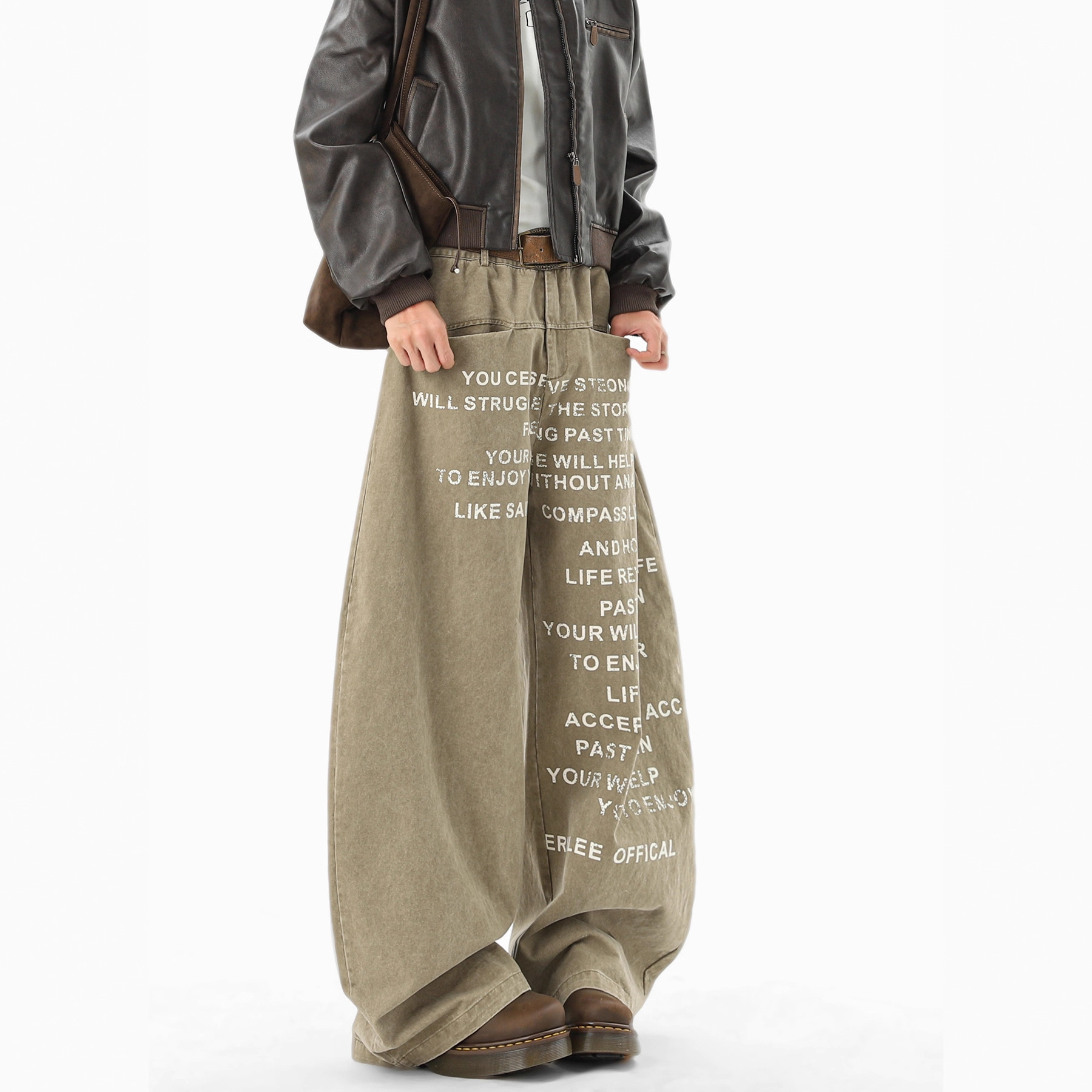 Khaki letter print casual pants, unisex autumn/winter design sense cargo wide-leg pants, loose floor-length pants - Image 2