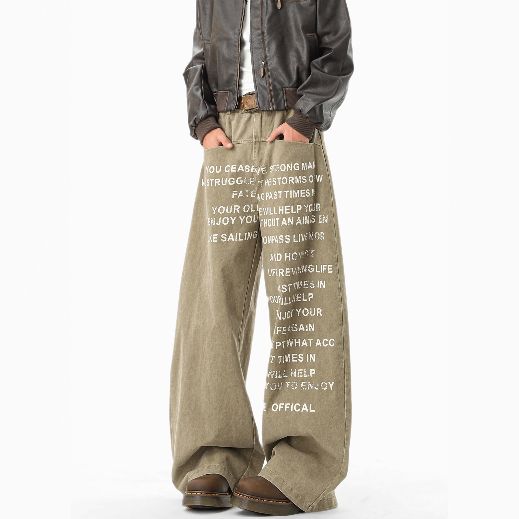 Khaki letter print casual pants, unisex autumn/winter design sense cargo wide-leg pants, loose floor-length pants - Image 3