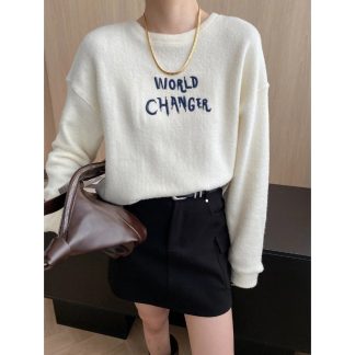 Comfortable Soft Brushed Crew Neck Letter Embroidery Loose Long Sleeve Tee Shirt