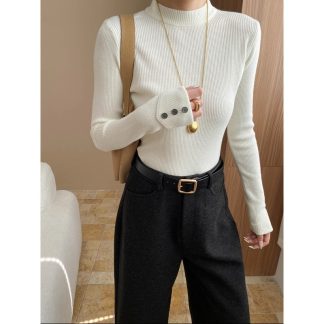 Chic Buttoned Cuffed Slim-Fit High-Neck Knit Top Layering Essential