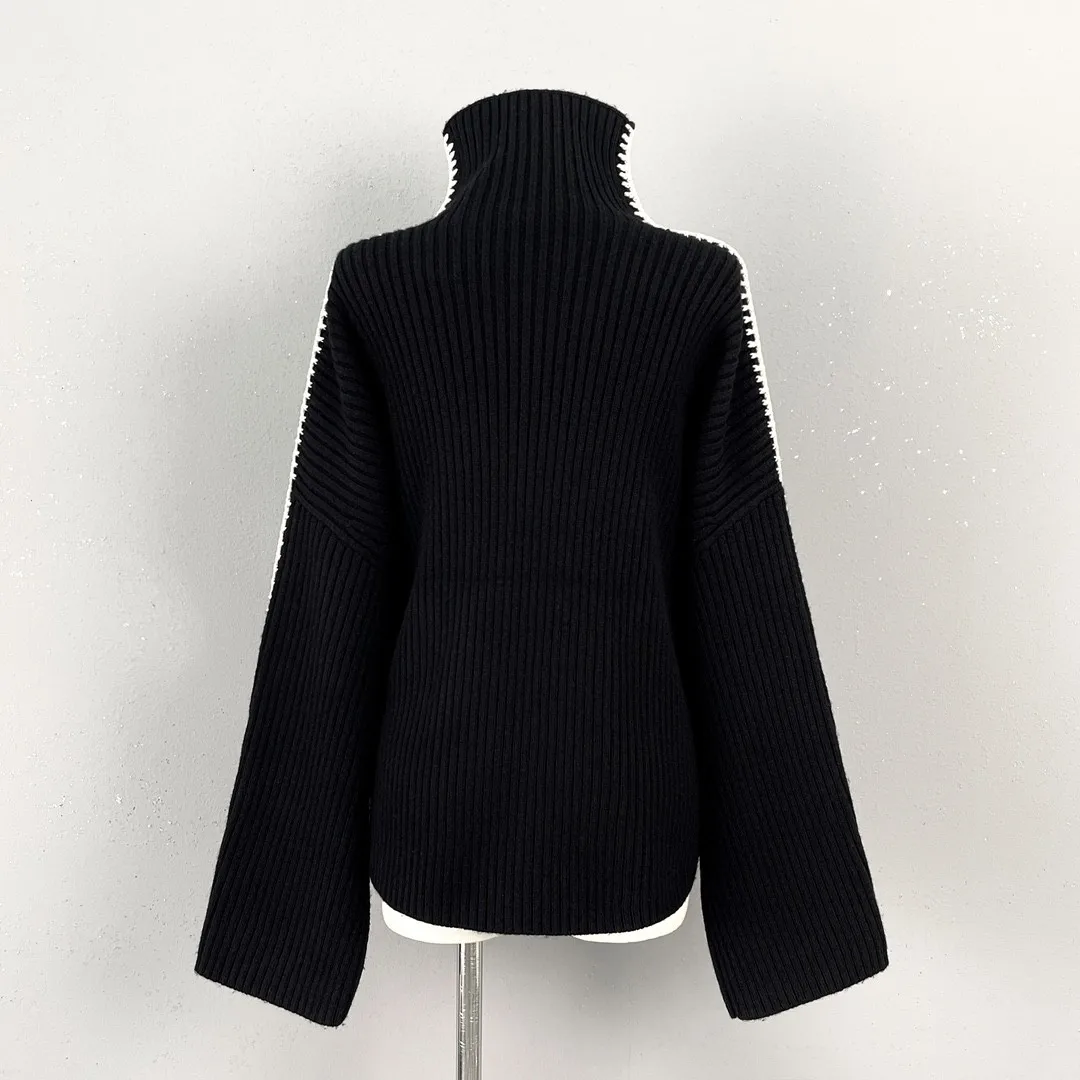 Autumn Winter Luxury Fashion Women Black 100% Wool Loose Casual Sweater Jumpers for Female - Image 5