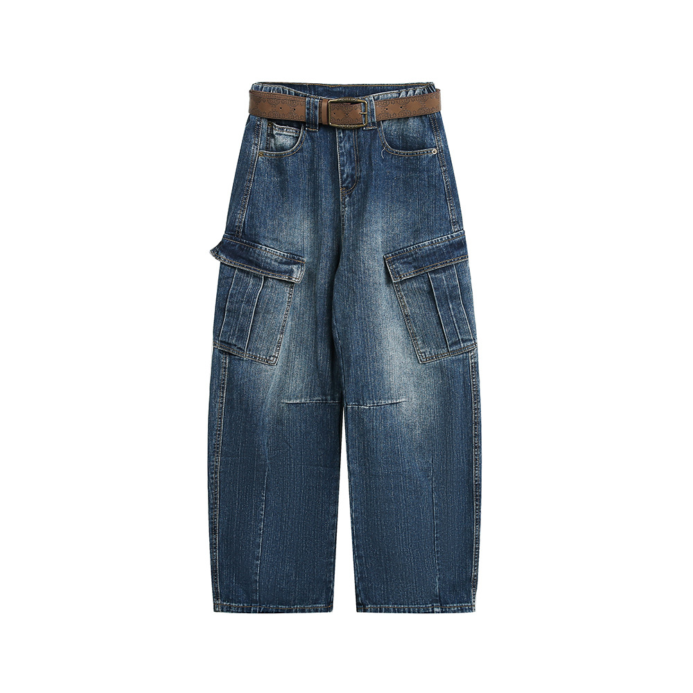 Multi-Pocket Loose Straight Leg Wide Leg Washed Cargo Denim Pants - Image 7