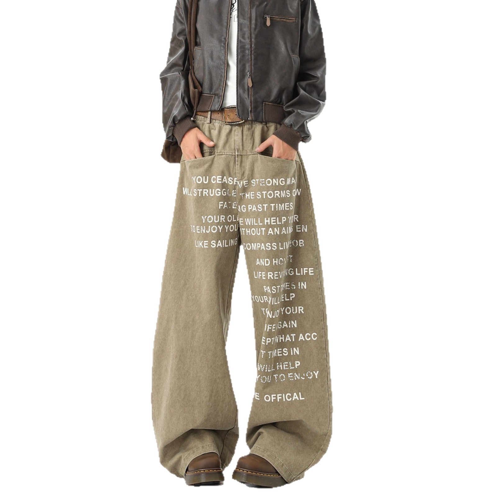Khaki letter print casual pants, unisex autumn/winter design sense cargo wide-leg pants, loose floor-length pants - Image 5