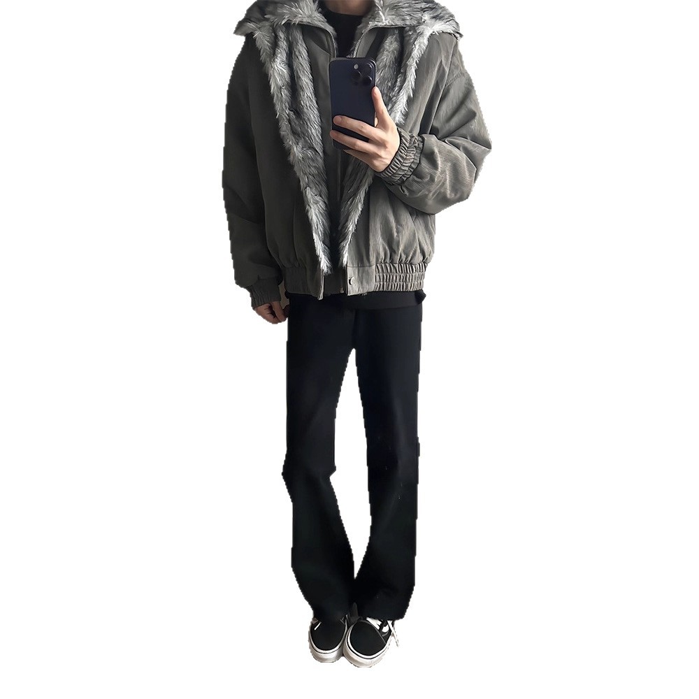 Wolf King Seat Mountain Eagle Cotton Coat Men's Winter Style False Two-Piece Double-Layer Fur Collar Cotton Jacket Lined Thick Short Outerwear - Image 5