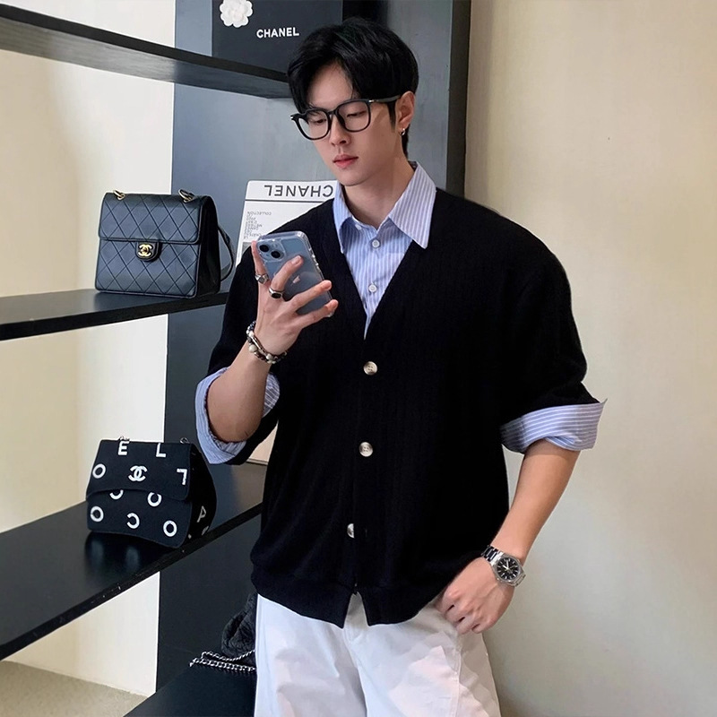 Miu-style False Two-Piece Knit Cardigan for Men Winter Elegant Casual and Commute Sweater Shirt Jacket - Image 4