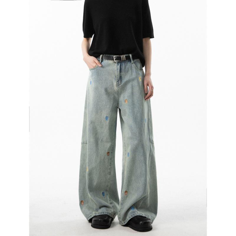 Cartoon teddy bear embroidered jeans