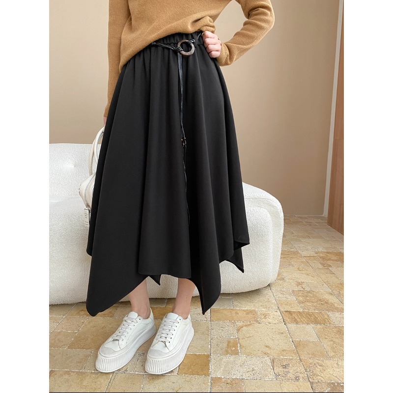 Feminine Irregular Design Waist Belted A-Line Flowing Skirt
