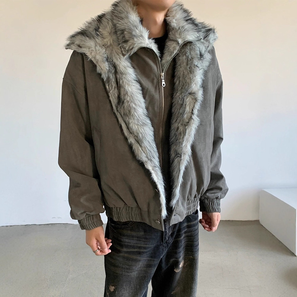 Wolf King Seat Mountain Eagle Cotton Coat Men's Winter Style False Two-Piece Double-Layer Fur Collar Cotton Jacket Lined Thick Short Outerwear - Image 7