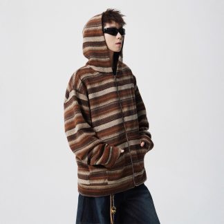 Brown Vintage Stripe Spliced Hoodie Unisex Autumn Winter Fashion Brand Loose Casual Couple Long Sleeve Outerwear