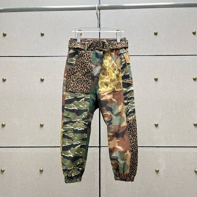 Leopard Print Splicing Mini Clashing Belt Decorative Leg Closure Fashion Cotton Nine Minute Pant - Image 7