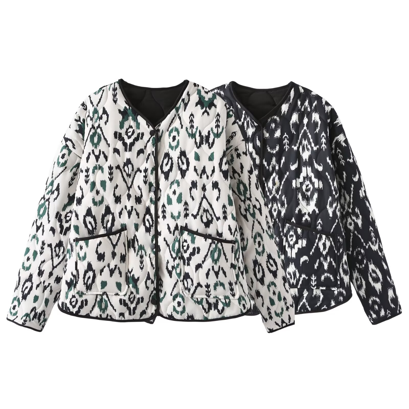 Women's retro collarless pocket printed quilted loose cotton jacket - Image 7