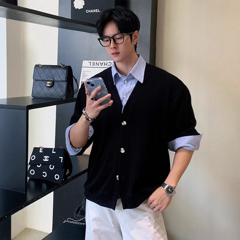 Miu-style False Two-Piece Knit Cardigan for Men Winter Elegant Casual and Commute Sweater Shirt Jacket - Image 7