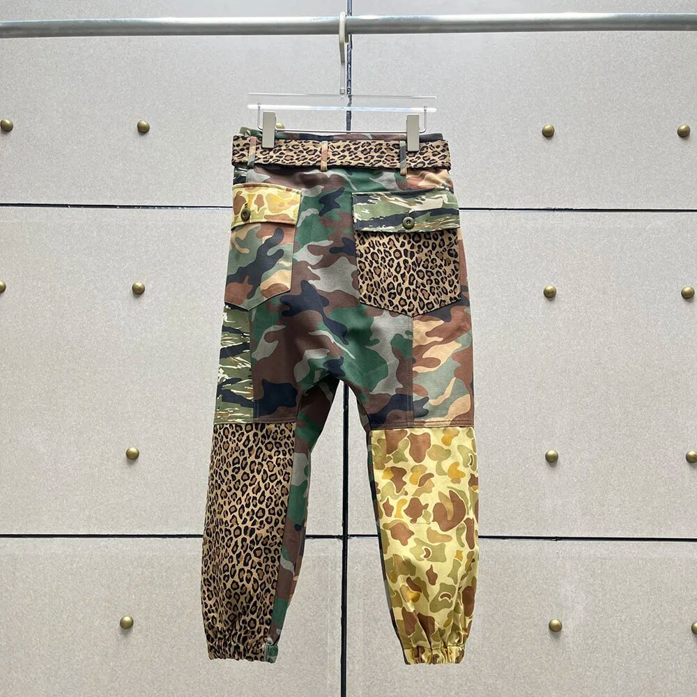 Leopard Print Splicing Mini Clashing Belt Decorative Leg Closure Fashion Cotton Nine Minute Pant - Image 6