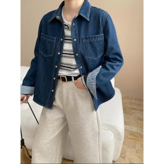 Classic Denim Washed Blue Outer Stitch Loose Casual Fleece Lined Denim Shirt Layering
