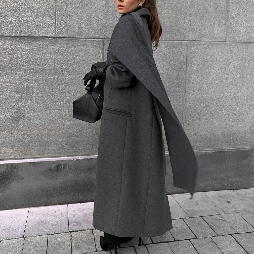 Scarf colla coat cloak long vintage coat gray fashion jacket