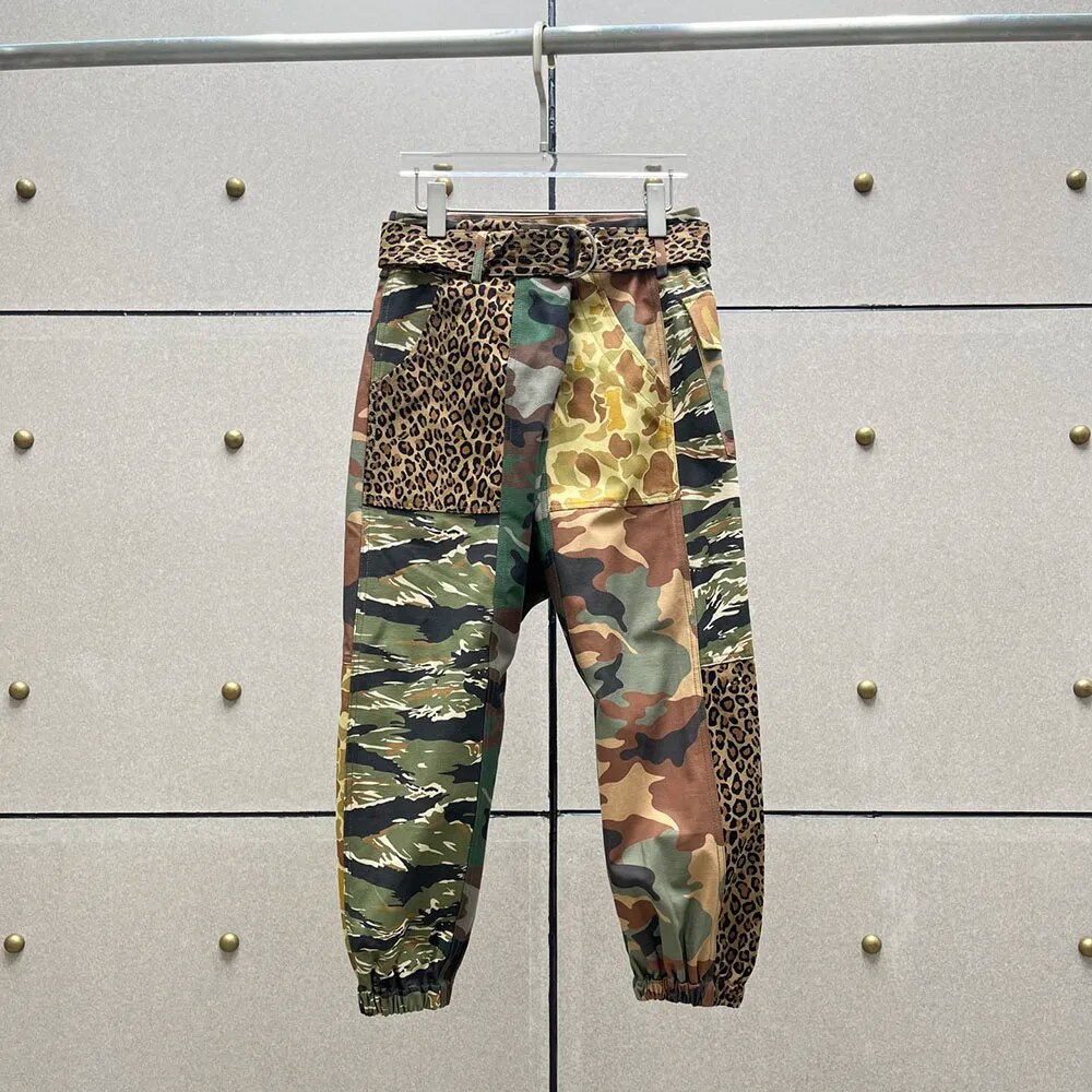 Leopard Print Splicing Mini Clashing Belt Decorative Leg Closure Fashion Cotton Nine Minute Pant - Image 5