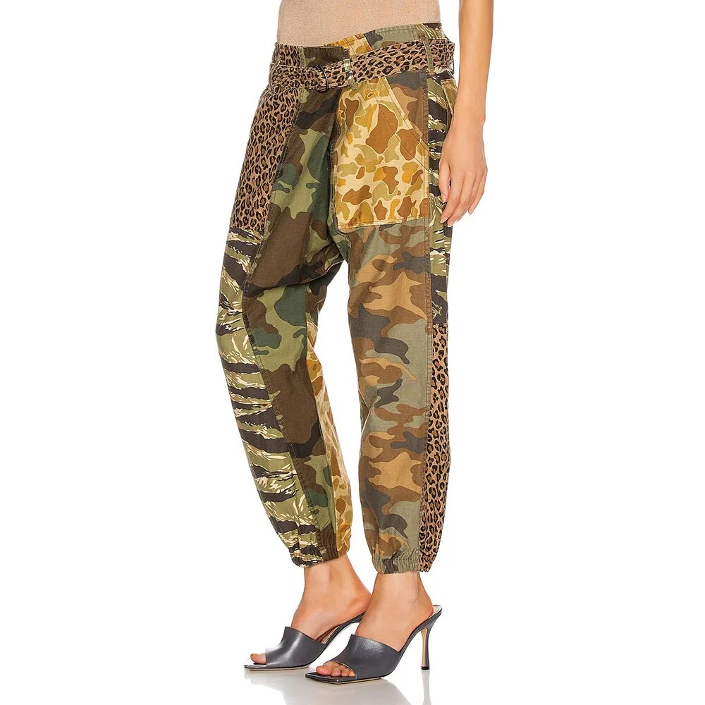 Leopard Print Splicing Mini Clashing Belt Decorative Leg Closure Fashion Cotton Nine Minute Pant - Image 2