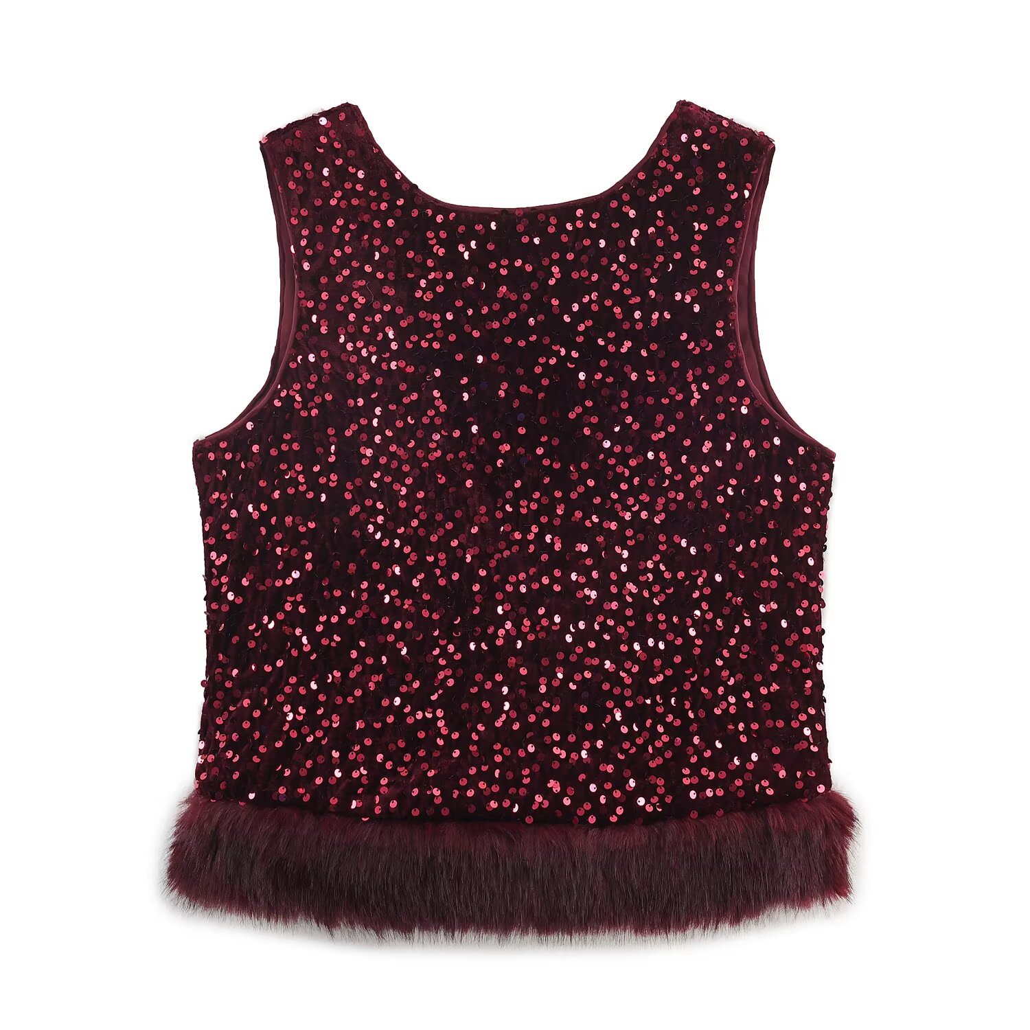 Bead embellished sleeveless faux fur effect hem top Bead embellished bucket pants set - Image 3