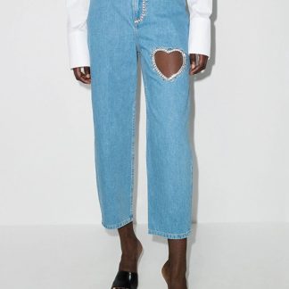 Hollow Out Jeans Heart Shaped Diamond Loose Straight High Street Style Ankle Length Women Pants