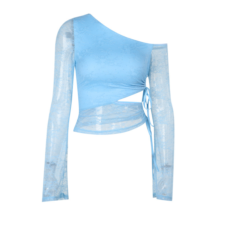 Sexy One Shoulder Hollow Perspective Long Sleeve T-shirt for Women