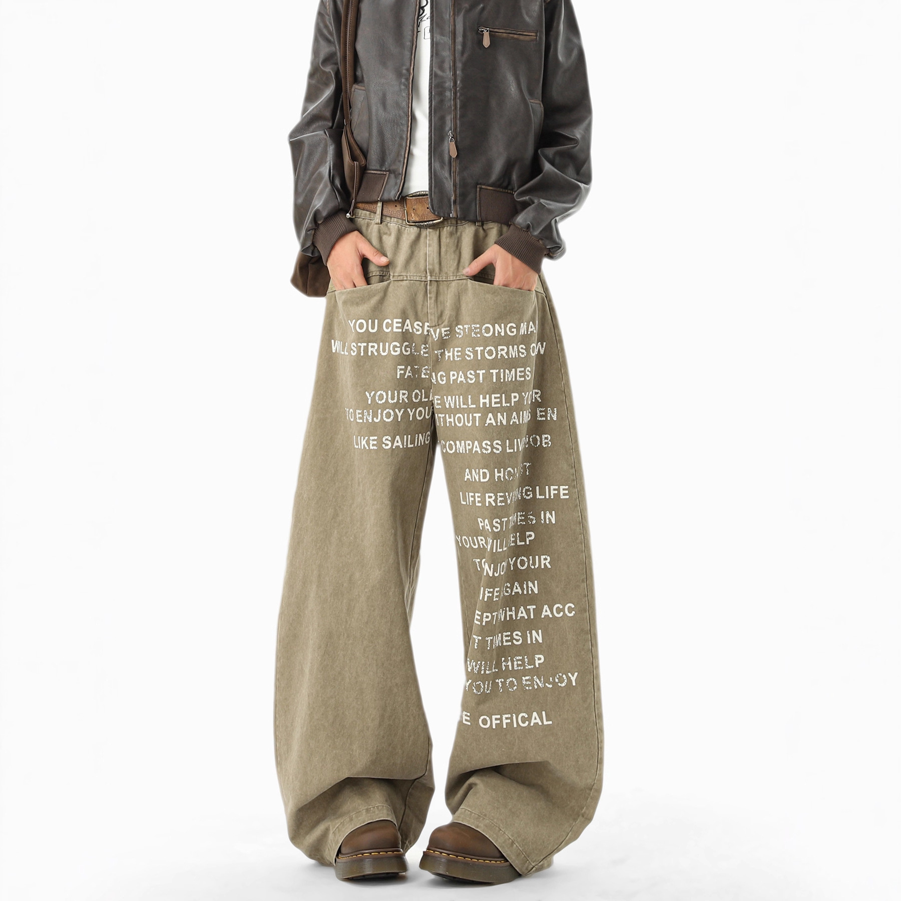 Khaki letter print casual pants, unisex autumn/winter design sense cargo wide-leg pants, loose floor-length pants - Image 6