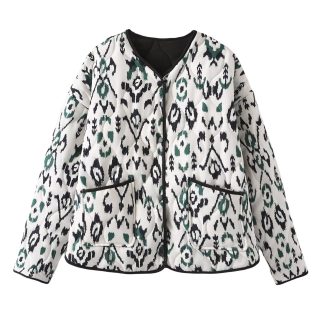 Women's retro collarless pocket printed quilted loose cotton jacket