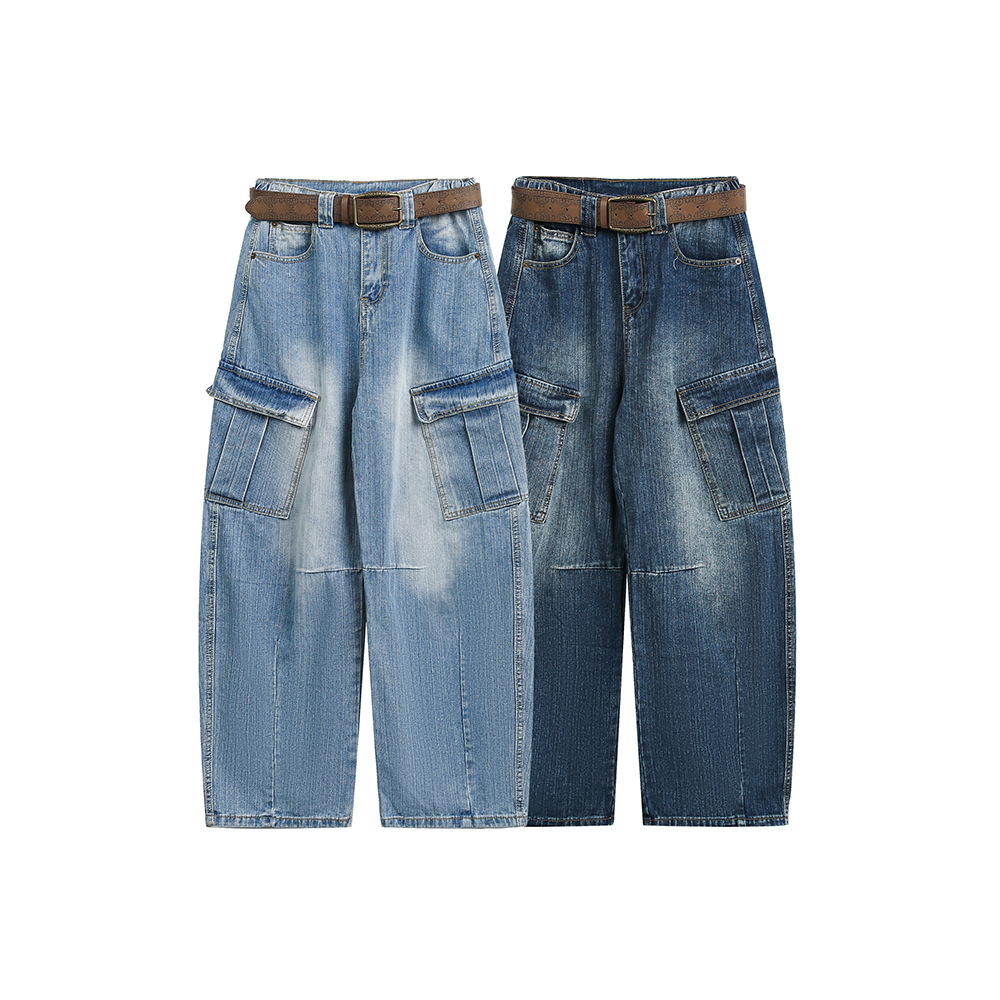 Multi-Pocket Loose Straight Leg Wide Leg Washed Cargo Denim Pants - Image 5