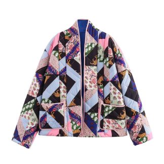 Women's cotton clothing long sleeved printed color blocked cotton clothing jacket women's top