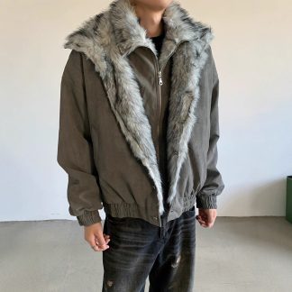 Wolf King Seat Mountain Eagle Cotton Coat Men's Winter Style False Two-Piece Double-Layer Fur Collar Cotton Jacket Lined Thick Short Outerwear