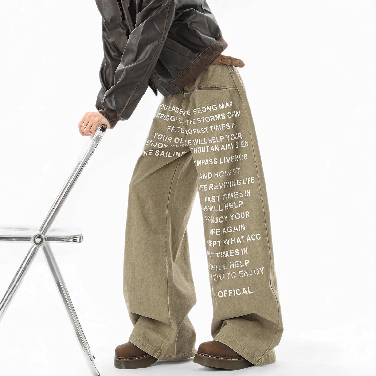 Khaki letter print casual pants, unisex autumn/winter design sense cargo wide-leg pants, loose floor-length pants